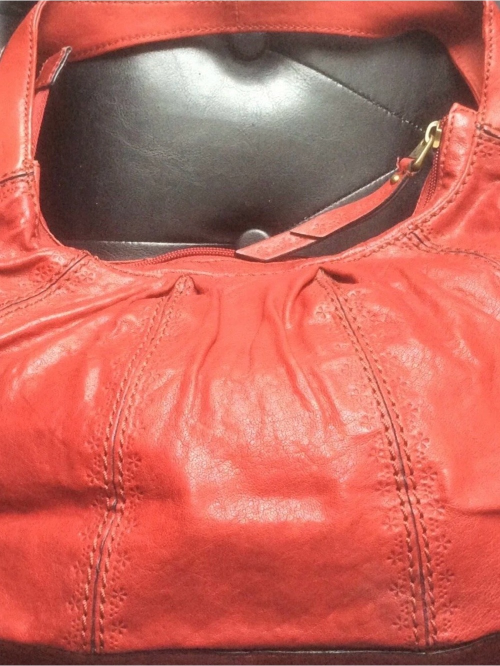 Fossil Red Leather Flower Embossed Handbag